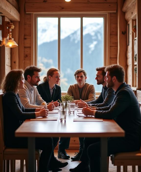 Team von AlpenKulinarik bei einer Besprechung in einem rustikalen Chalet